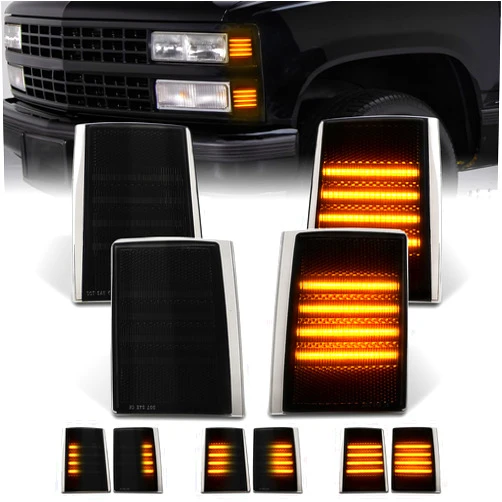 D-Lumina Side Marker Turn Signal Lights LED Corner Light Assembly, Smoked Lens for Chevy C/K 1500 2500 3500 Pickup Truck & Blazer, Upper & Lower Dynamic Amber Side Marker Reflector, Pack of 4