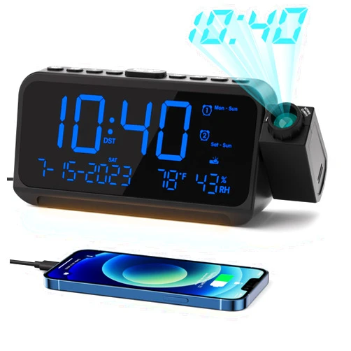 ROCAM Projection Alarm Clock for Bedroom, Digital Clock with Projector on Ceiling Wall, Projection Clock with 5-Level Dimmer, Dual Alarm with Weekend/Weekday Mode, Snooze, Temp, Night Light, USB Ports