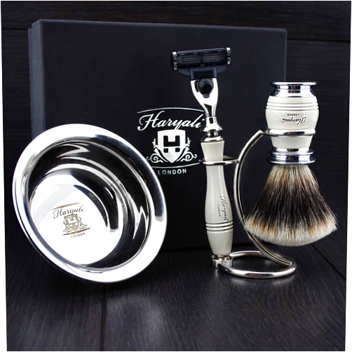 Haryali London Men's Shaving Set in Ivory Color with 3 Edge Razor, Sliver Tip Badger Hair Brush, Stand and Stainless Steel Bowl Perfect Kit for Him