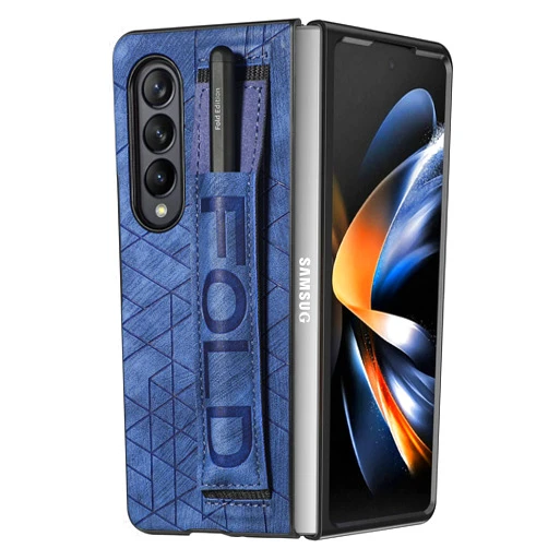 Omio Designed for Samsung Galaxy Z Fold 3 Leather Case with S Pen Holder & Strap, Wrist Strap Leather Back Cover Hard PC Shockproof Finger Grip Case for Galaxy Z Fold 3 Men Women Girls, Blue