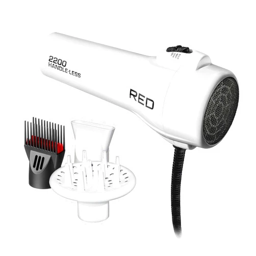 Red by KISS Handle-Less 2200W Ceramic Tourmaline Hair Dryer White Color, 3 Heat Settings, Pik and Diffuser Included Comfortable Grip, Ionic for Frizz-Free Shine, Detangler & Straightening