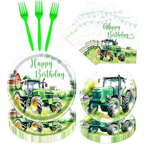 Rakuto Tractor Birthday Party Plates Napkins Tableware Set, Tractor Birthday Party Decorations Supplies for Kids, Disposable Paper Green Farm Dinnerware Party Decor Serves 24