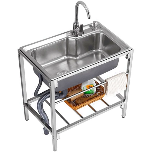 WappiGo Stainless Steel Single Bowl Utility Sink with Stand Free Standing Commercial Restaurant Kitchen Sink Set with Drain Basket & Hot and Cold Faucet for Laundry Backyard Garage Outdoor(28x18.5x29.5in)