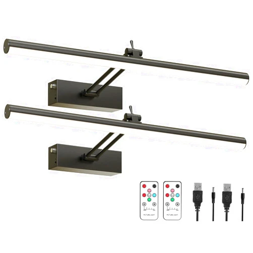 Mocalido 2 Pack Picture Light Battery Operated for Wall, 16in Wireless LED Art Light for Painting with Remote, 5200mAh Dimmable Frame Lights for Gallery Library, Black