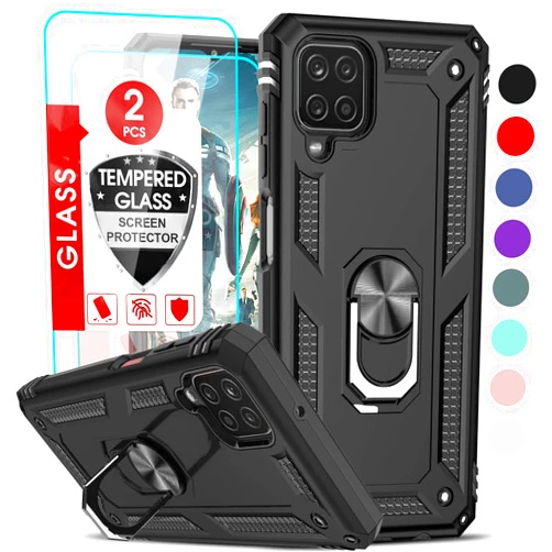 LeYi for Samsung Galaxy A12 Case, Samsung Galaxy A12 Phone Case with [2 Pack] Tempered Glass Screen Protector, [Military-Grade] Ring Kickstand Phone Case for Samsung A 12 5G, Black