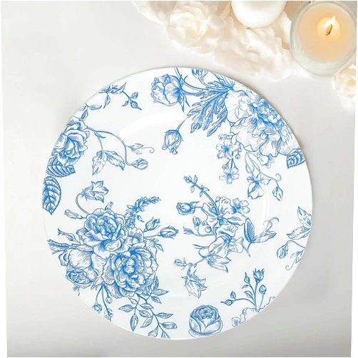 TABLECLOTHSFACTORY 6 Pack White Blue Floral Acrylic Charger Plates in French Toile Pattern, Round Dinner Charger Event Tabletop Decor - 13