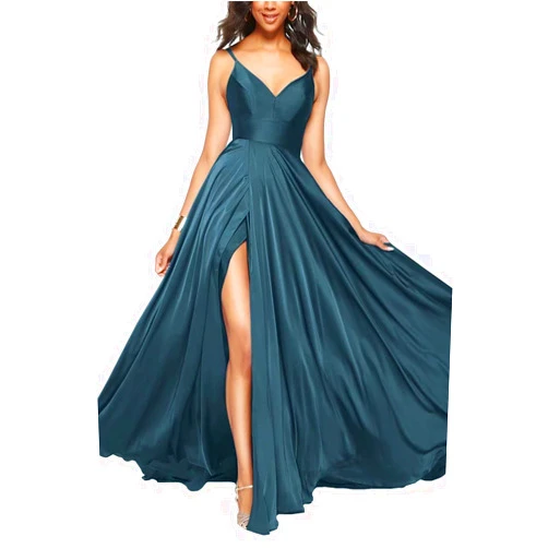 YINADUUS V-Neck Prom Dresses for Women Long Ball Gown Spaghetti Strap High Slit Ruched Satin Formal Evening Party Gowns