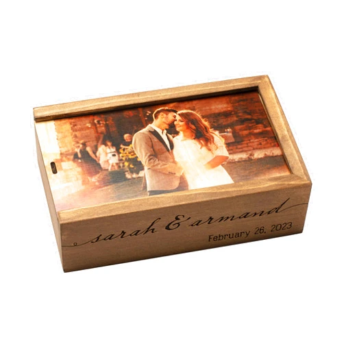 Cades and Birch Handmade Photo Storage Box Solid Wood - USB Drive Box - Photo Print on Wood Lid - Personalized Engraved Names & Date - Photographer Package