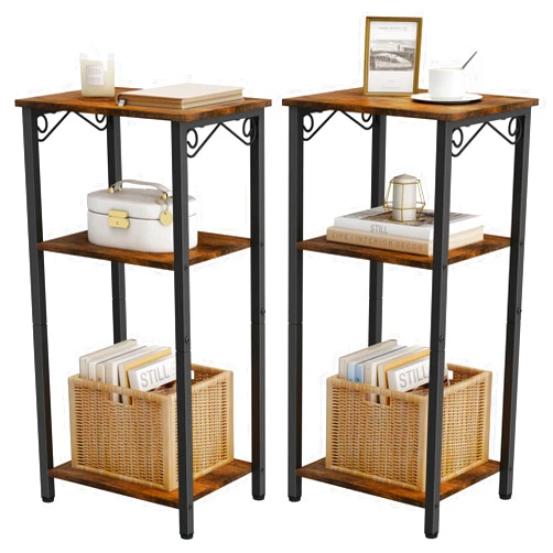 Hoctieon 3 Tier End Table Set of 2, Slim Side Tables, Narrow Side Tables, Nightstands for Small Spaces, Metal Frame, Easy Assembly, Rustic Brown