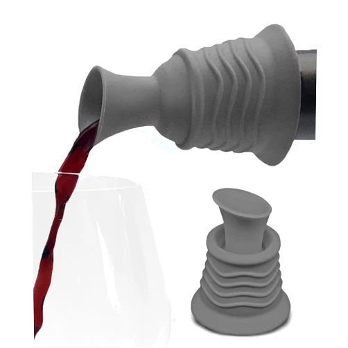 Simply Charmed Wine Stopper and Pourer – Gray Silicone Two in One Accessory to Serve and Save Wine More Easily