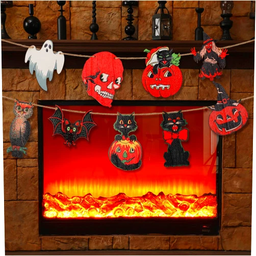 Thyle Vintage Halloween Decor Wood Banner 6.56ft Retro Hanging Banner Garland 9 Pcs Vintage Halloween Bunting Decorations Spooky Pumpkin Black Cat Ghost Witch Bat Owls Horror Party Wall Home Decor