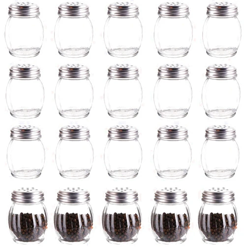Nicunom 20 Pack 6 Oz Spices Shaker with Perforated Stainless Steel Lid, Swirl Glass Parmesan Cheese Shaker with Slotted Caps, Salt and Pepper Shakers Set, Seasonings Spice Retro Style Dispensers