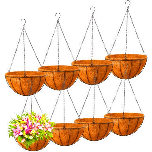 Mimorou 8 Pack Hanging Planters 14 Inch Metal Flower Pots Basket Holder with Coconut Coir Liners Metal Round Wire Plant Holder with Chain Porch Decor for Indoor Outdoor Patio Porch Garden Decoration