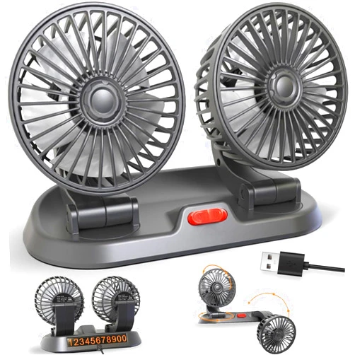 DCKENGO Car Fan 2024 Dual Head USB Fan for Car, Portable Vehicle Cooling Fan - Brushless Motor, 2 Speeds, 360° Rotation, for Car Dashboard, SUV/RV/Truck/Sedan/Cruise/Office/Home, USB Powered