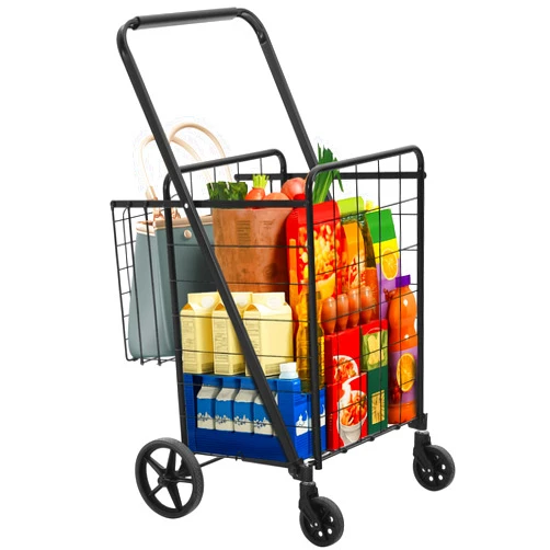 YITAHOME Jumbo Folding Shopping Cart with Wheels, Double Basket Grocery Cart, Collapsible Utility Cart for Laundry, Storage & Organizing (Portable & Space-Saving)