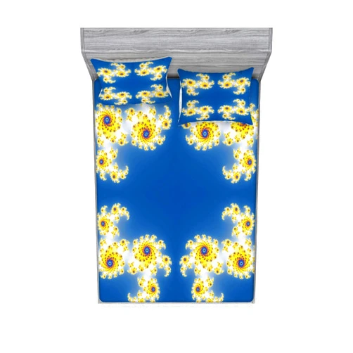 Lunarable Fractal Fitted Sheet & Pillow Sham Set, Symmetric Repeating Floral Psychedelic Pattern with Mirroring Effects Art, Decorative Printed 3 Piece Bedding Decor Set, Full, Blue Yellow