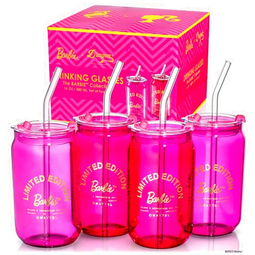 Dragon Glassware x Barbie Drinking Glasses - Pink and Magenta - 16 oz Can Shaped Glass Cups with Lids and Straws Set of 4 - Iced Coffee Cups with Lids - Glass Tumbler with Straw and Lid