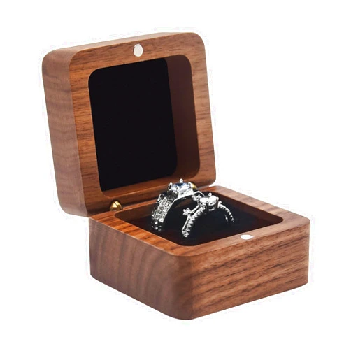 Jomelly Wooden Ring Box for Wedding Ceremony 2 Slots,Small Square Solid Wood Double Ring Holder Case Box,Vintage Ring Bearer Box for Engagement Proposal,Rustic Jewelry Gift Storage Box-Black