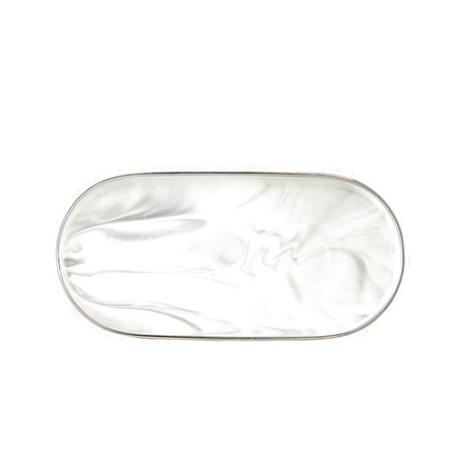 Redelaenor Bathroom Marble Vanity Oval Tray Ceramic Jewelry Dish with Silver Edge, Decorative Tray Countertop Sink Storage Holder Organizer for Soap Candles Perfume Comestic Home Decor White