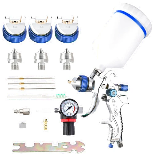 ENDOZER Professional HVLP Spray Gun Set Gravity Feed Air Spray Gun with 1.3, 1.5, 1.8mm Nozzles 20oz 600cc with Gauge for Auto Paint, Primer, Clear/Top Coat & Touch-Up (Not Suitable for Latex Paint)