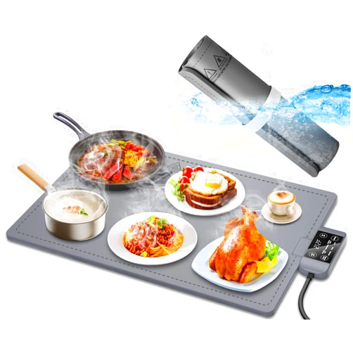 Valoidea Waterproof Electric Food Warming Mat, Food Grade Silicone Warming Tray with 17 Temp Setting and 6 Hours Timer, Full Surface Heating Mat, Roll Up Food Warmers for Parties Buffet (Dark Gray)