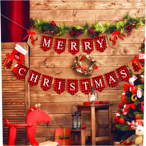 ERTREE Merry Christmas Banner Burlap Garland Christmas Decorations Vintage Xmas Banner for Fireplace Mantel Black Red Plaid Letters Banner Xmas Party Supplies Decorations