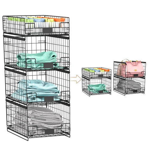 Hencawima 4 Pack Sliding Closet Organizers and Storage, Stackable Closet Storage Shelves, Pull Out Clothes Storage Organizer Baskets/Containers/Drawers with Dividers for Wardrobe (Black-Sturdy Wire Metal Frame)