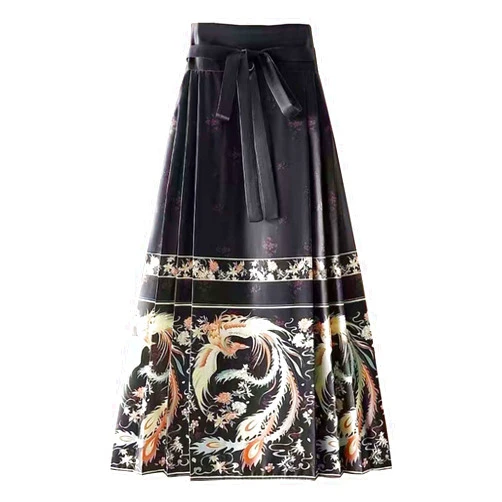Luooli Long Dresses for Women Summer Chinese Skirts for Women Horse Face Skirt Ethnic Print Long Swing Pleated Tie up A-Line Skirt Hanfu Dress Clothes Boho Beach Dress for Women Black-a, Large