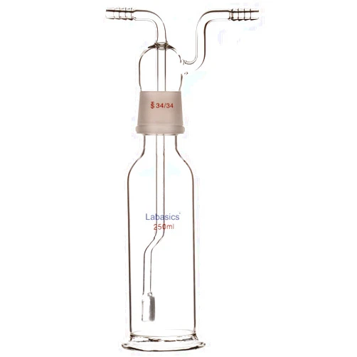 Labasics 250 ml Borosilicate Glass Laboratory Gas Washing Bottle with Fritted Disc, 34/34 Stopper, 290 mm Height, 4 mm ID/8 mm OD Hoses, Reusable, For Laboratory Activities