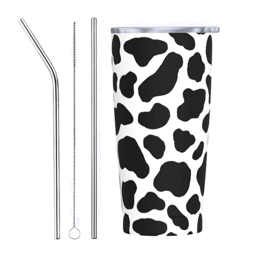 Ayvcxui Cow Hide Holstein Cattle Texture Cow Skin 20 OZ Stainless Steel Car Cup Insulated Tumbler Double Wall Coffee Mug with Straw and Lid