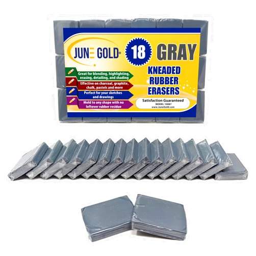 June Gold Kneaded Rubber Erasers, Gray, 18 Pack - Blend, Shade, Smooth, Correct, and Brighten Your Sketches and Drawings
