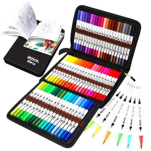 ZSCM QUALITY DECIDES THE FUTURE ZSCM Art Duo Tip Brush Markers Set, 60 Colors Fine Brush Tip Artist Drawing Pens Set with Coloring Book, for Adult Sketching Journal Planner School Supplies Gifts