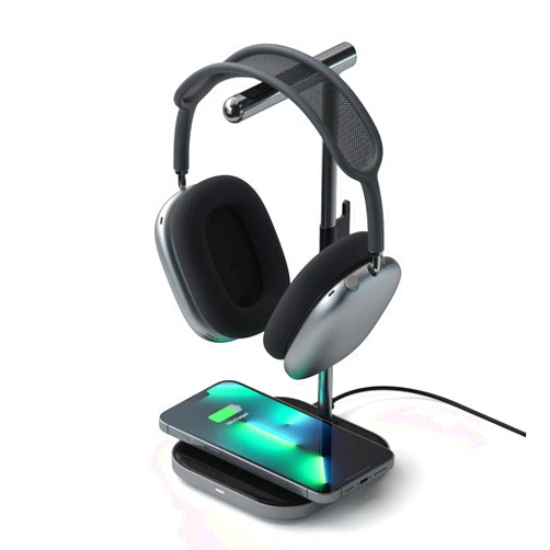 Satechi 2-in-1 Headphone Stand with Wireless Charger – USB Type-C Output Port and Magnetic Wireless Charger – Compatible with iPhones 15/14/13/12 and Other Qi-Enabled Devices