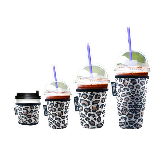 Bexbchh 4 Pack Reusable Iced Coffee Sleeves - Insulator Sleeve for Cold Beverages, Neoprene Cup Holder - Starbucks Coffee sleeve, Dunkin Coffee sleeve,More (Leopard 2)