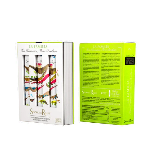 Señorios de Relleu. Delicate Medium and Intense Coupage Extra Virgin Olive Oil. La Familia Gift Box. 3 bottles of 100ml (3.38oz) each