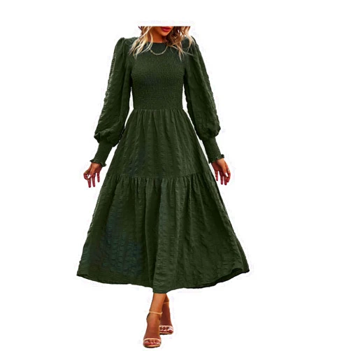 Sibyllenoon Women's Round Neck Long Sleeve Dress Solid Color Slit Ruffles Club Party Evening Dress