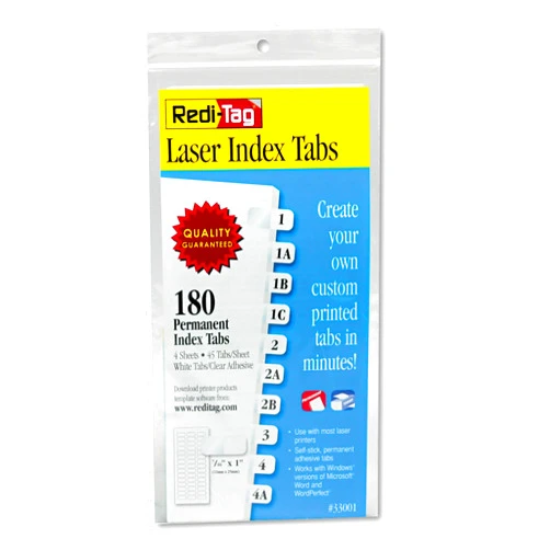 Redi-Tag, RTG33001, Laser Printable Index Tabs, 180 / Pack, white