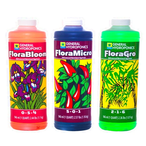 General Hydroponics Flora Series: FloraMicro, FloraBloom, FloraGro - 3-Part Hydroponic Nutrient System, 1 qt. Bottles