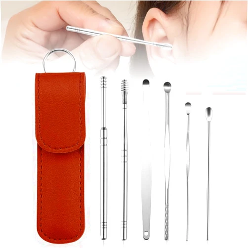 MONEBI Ear Cleaner, 2024 Upgraded Satinless Steel Earwax Cleaner Tool Set, Ear Cleaning Kit, Portable Ear Wax Removal Earwax Removal Tools with Pu Leather Case (Brown)