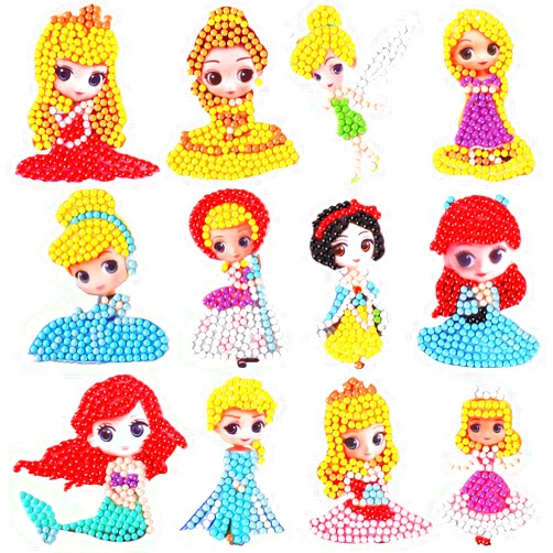 Fadgesy 5D Painting Art Stickers Kits for Kids,Kids' Paint by Number Kits,Art Stickers Kits for Boys and Girls Ages 6+ (B3-Princess 12pcs)