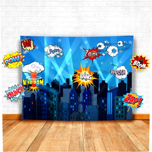 Glittery Garden Superheroes Theme Party Photography Backdrop with Props. Super Hero Cityscape Photo Booth Background for Kids Party, Birthday Wall Decorations