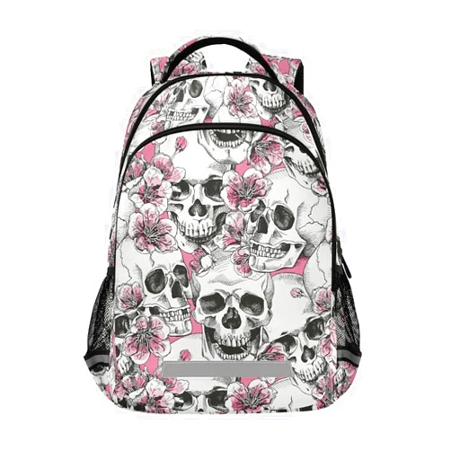 MNSRUU School Backpack with Chest Strap, Halloween Skull Flowers And Pink Cherries Laptop Backpack, Travel Hiking Backpack for Boys Girls, Rucksack, Knapsack