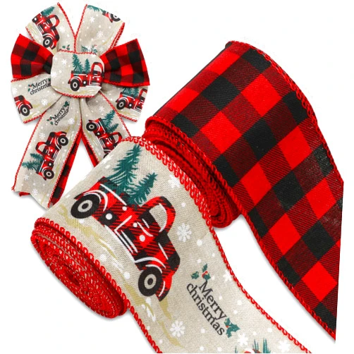JarThenaAMCS Merry Christmas Wired Edge Ribbon Plaid Truck Bell Craft Ribbon Red Black Fabric Ribbon for Xmas Winter Wreath Bow DIY Wrapping Party Decor, 2 Rolls, 20 Yard