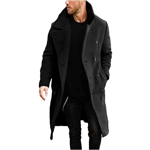 JEKE-DG Men's Oversized Notched Collar Pea Coat Long Wool Blend Trench Coat Double Breasted Knee Length Lapel Jacket