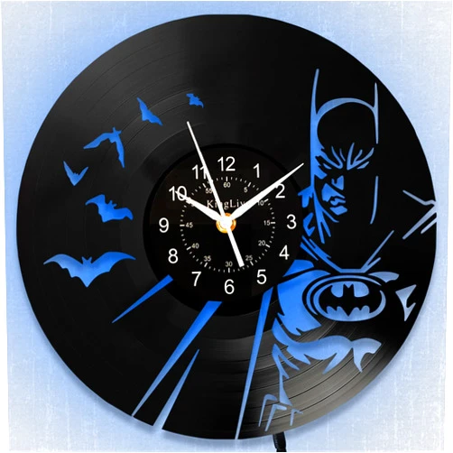 AVJERA Bat Theme Vinyl Record Clock, 12 Inch LED 7-Color Night Light Bruce Decor Silent Wall Clock Round Classic Comics Justice Bat Hero Man Gifts, Luminous Home Decor