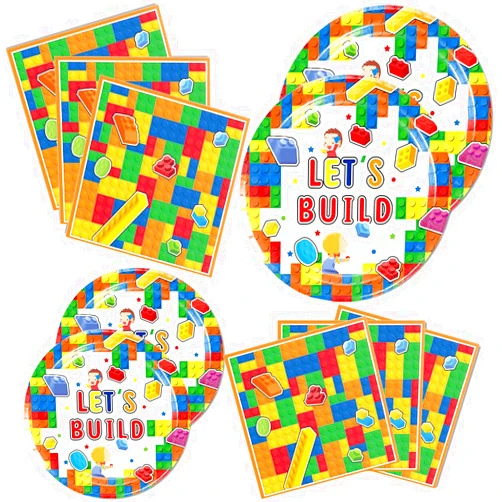 Frerand 40Pcs Building Block Party Supplies include 20 plates, 20 napkins for the Space Them Birthday party decoration