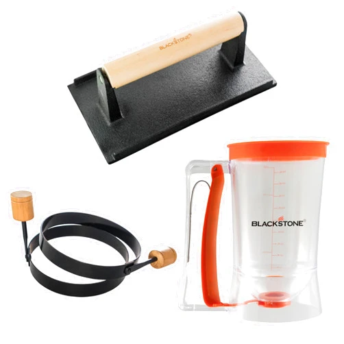 Blackstone 1543 4-Piece Griddle Breakfast Kit with Batter Dispenser, Bacon Press, and Two Egg Rings
