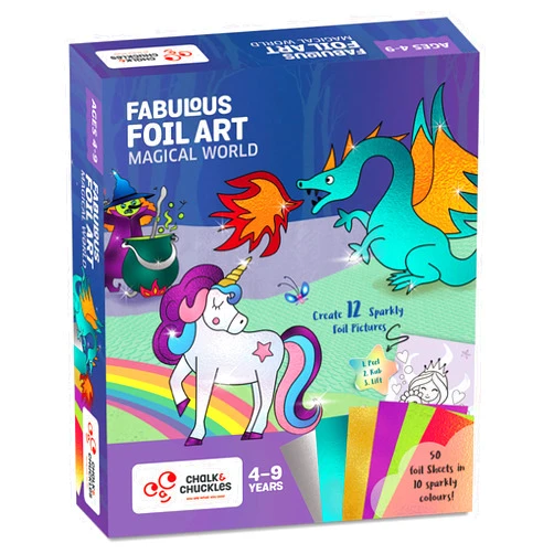 Chalk and Chuckles Art and Craft Kit, Fabulous Foil Art, Gift for Girls, Boys Age 4-9 Year Old, Create 12 Magical World Theme Pictures, Dragon, Princess, Unicorn Toys