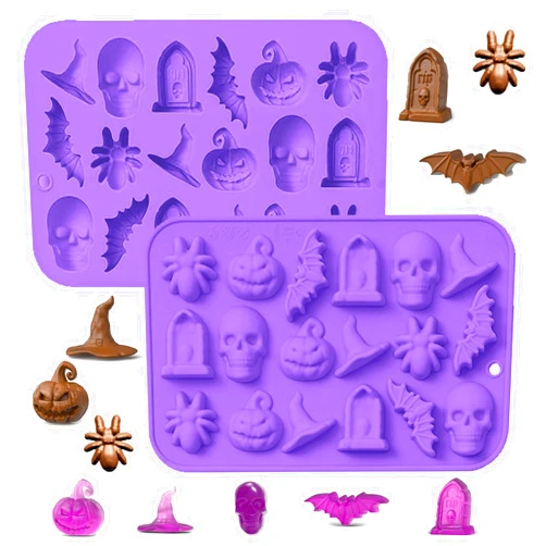 HWSFYES 2 Pack Halloween Chocolate Mold, 3D Silicone Candy Molds Halloween Baking Mold Skull Pumpkin Spider Bat Witch Hat Gummy Fondant Mold for Candy Cookie Ice Cube Sugar Cakes Decorating