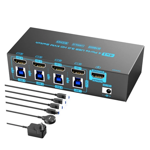 DXchip 8K HDMI 2.1 KVM Switch 4 Computers 4 Port USB 3.0 8K@60Hz/4K@144Hz 4 In 1 Out Keyboard Mouse KVM Switches EDID Emulator for 4 PCs Share 1 Monitor and 4 USB Devices, with 4 USB 3.0 Cable & Wired Remote